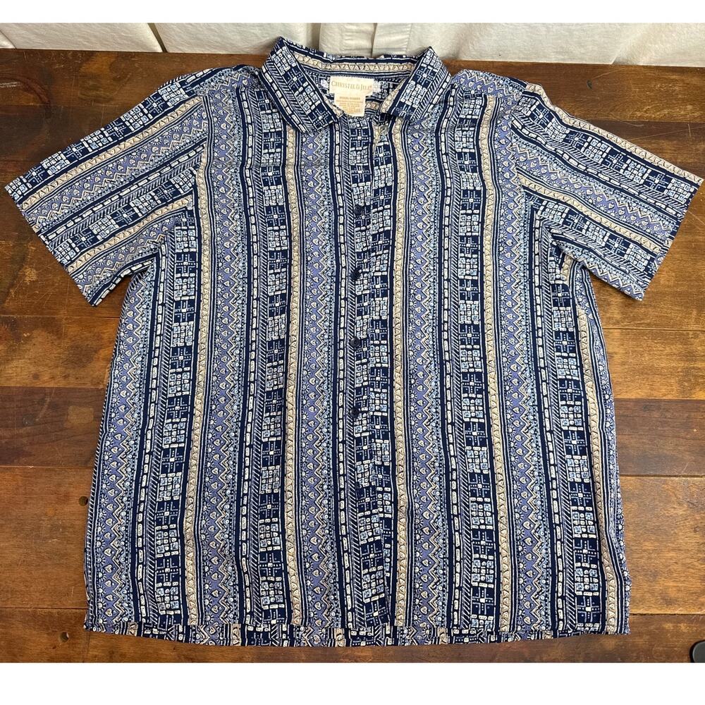 Christie & Jill Vintage Women's Short Sleeve Blouse Blue Geometric Size Medium